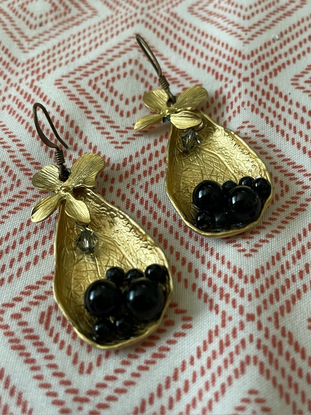 Gold Floral Drop Earrings with Black Bead Accents